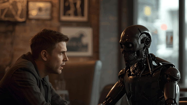 AI-generated image of a man in a cafe talking to a creepy AI.