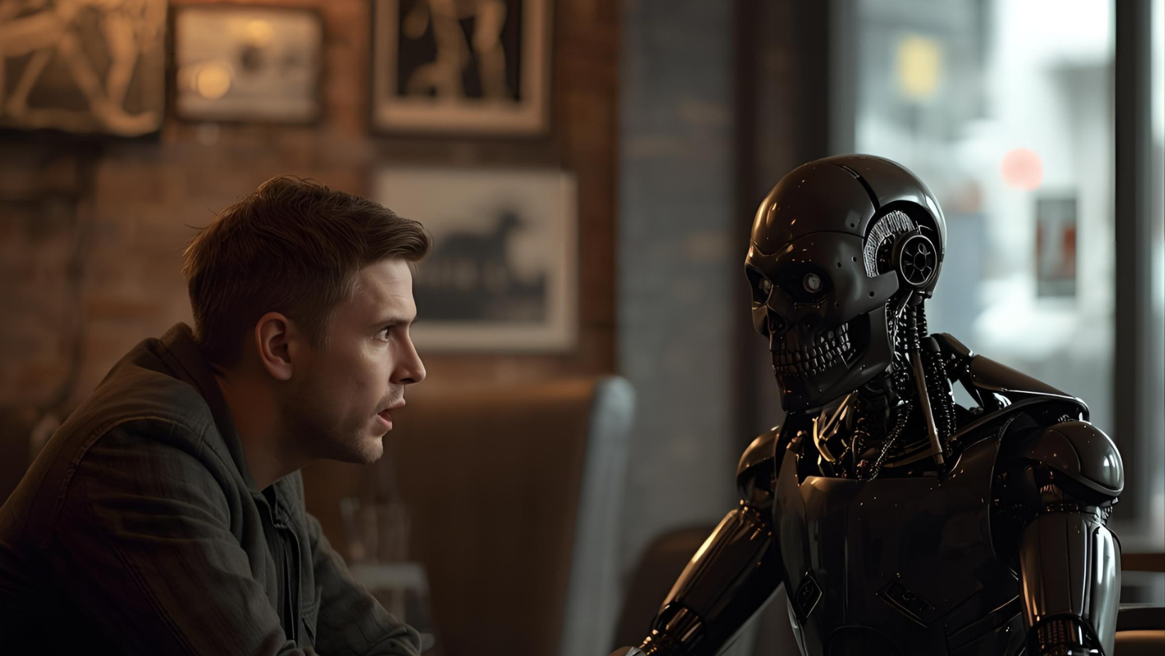 AI-generated image of a man in a cafe talking to a creepy AI.